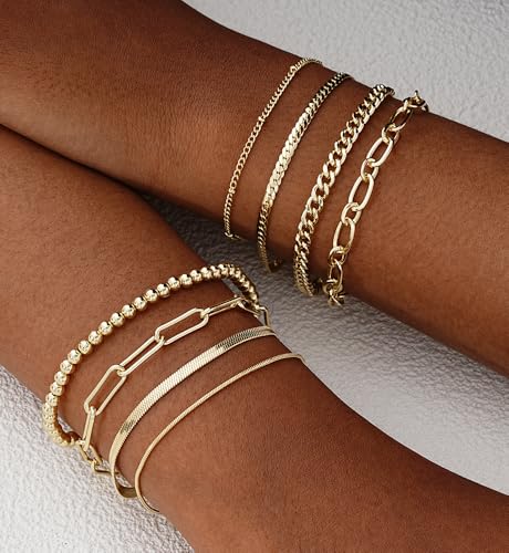 Gold Bracelets Set for Women Trendy, 14K Real Gold Plated Jewelry for Women Dainty Chain Bracelet Stack, Non Tarnish Gold Stackable Bracelets Pack Fashion Accessories Gifts - color: Style1-gold