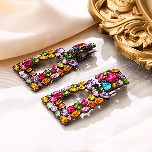 Flyonce Rectangle Clip-on Drop Earrings for Women, Sparkly Rhinestone Crystal Geometric Statement Non Pierced Earring Wedding Prom Party Jewelry for Brides Bridesmaid - color: Multicolor Black-Tone