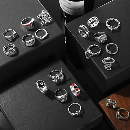 17IF 26-35 Pcs Vintage Silver Knuckle Ring Set for Women Men, Gothic Rings | Grunge Chunky Aesthetic Snake Stackable Adjustable Punk Bulky Finger Alt Fairy Skull Frog Heart Star Flower Midi Ring Pack - style: 21 Red Clown