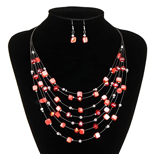 Multi-Layer Boho Shell Beaded Necklace for Women Colorful Crystal Strand with Silver Beads Statement Collars Necklace and Earrings Costumes Jewelry Sets for Women - color: Red