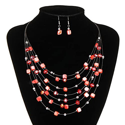 Multi-Layer Boho Shell Beaded Necklace for Women Colorful Crystal Strand with Silver Beads Statement Collars Necklace and Earrings Costumes Jewelry Sets for Women - color: Red