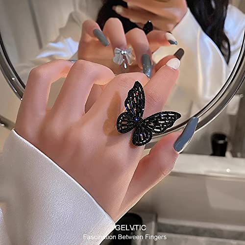 Butterfly Rings for Women Adjustable Golden Cocktail Ring Sparkly Stones Statement Silver Bow Open Wrap Bow Jewelry Bridesmaids Wedding Valentine’s Day Gift Lover Mother - color: JZ03-Black