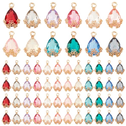 PH PandaHall 60pcs Teardrop Pendants, 12 Colors Transparent Faceted Charms Resin Crystal Pendants with Light Gold Alloy Accessory for Necklace Earring Bracelet Jewelry Craft Making, 20x12.5mm