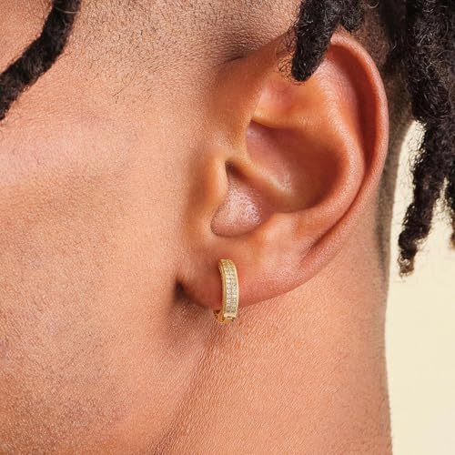 Hoop Earrings for Men - 14K Gold Plated Cartilage Huggie Earrings | Cubic Zirconia, Lightweight, CZ Inlaid, Hypoallergenic for Sensitive Ears, Mens jewelry Gift for Him - style: gold 4 rows cz