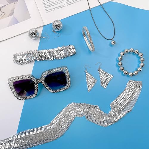 70s Disco Accessories Women's Disco Costume Jewelry Set | Sequin Scarf Earrings Sunglasses Bracelet Headband Disco Ball Necklace Earrings Bracelet
