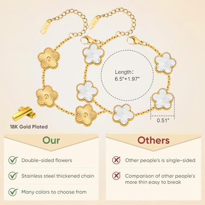 Women Gold Bracelets Jewelry Set - 3Pcs 18K Gold Plated Floral Bracelet,Stainless Steel Charm Bracelet Non-Tarnish,Adjustable Lucky Chain Trendy Gift,Christmas Valentines Birthday Gifts for Girlfriend - style: White&Gold