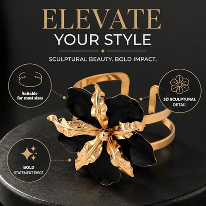 EVKILKJS Black and Gold Bracelet Women's Thick Gold Bangle Wide Band Hammered Floral Pattern Medieval Vintage Style Fashion Accessory