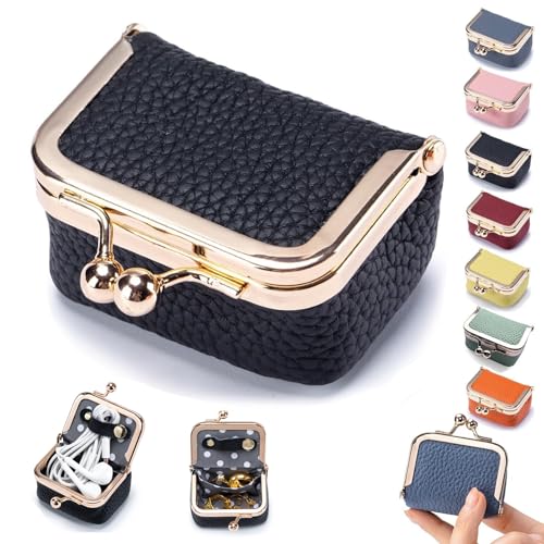 Genuine Leather Mini Jewelry Box for Women, Travel Jewelry Case & Coin Purse with Kiss Lock, Holds Earrings, Rings, Necklace, Bracelet, Ideal Gift for Her (Black) - color: Black