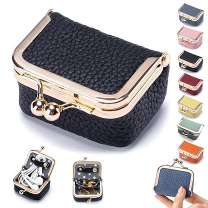 Genuine Leather Mini Jewelry Box for Women, Travel Jewelry Case & Coin Purse with Kiss Lock, Holds Earrings, Rings, Necklace, Bracelet, Ideal Gift for Her (Black) - color: Black