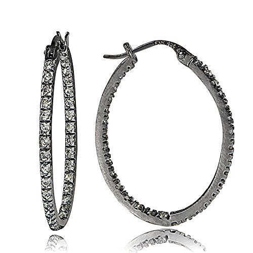 Hoops & Loops 925 Sterling Silver Cubic Zirconia Inside Out Oval Hoop Earrings for Women, 20mm 25mm 30mm - color: 25mm-Black