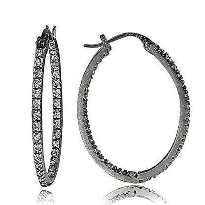 Hoops & Loops 925 Sterling Silver Cubic Zirconia Inside Out Oval Hoop Earrings for Women, 20mm 25mm 30mm - color: 25mm-Black