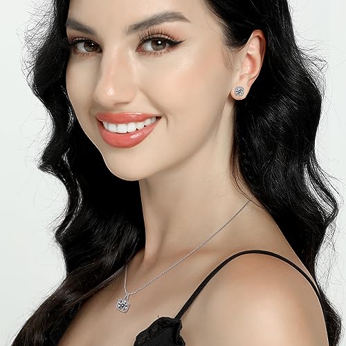 Cubic Zirconia Necklace and Earrings Set for Women 14K White Gold Plated Bridesmaid Silver Jewelry Set for Women Pendant Necklace Hypoallergenic Stud Earrings Set Jewellery Gift for Mom Wife Bride Bridesmaid - color: White-Square Shape