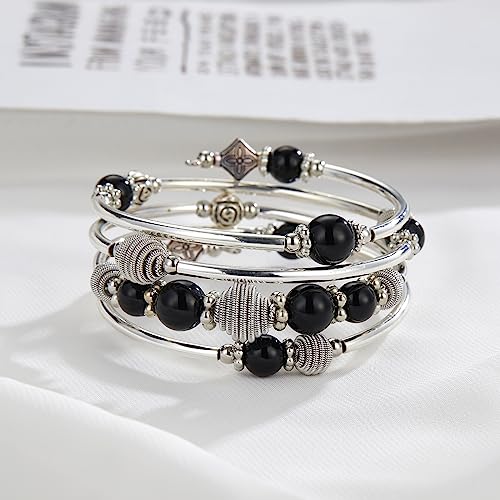 PEARL&CLUB Beaded Chakra Bangle Turquoise Bracelet - Fashion Jewelry Wrap Bracelet with Thick Silver Metal and Mala Beads, Birthday Gifts For Women - color: Black