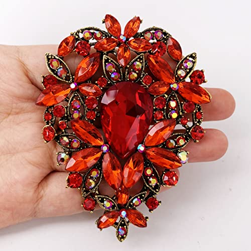SELOVO Leaf Bouquet Scarf Big Brooch Pin Broach Crystal Jewelry - color: Red