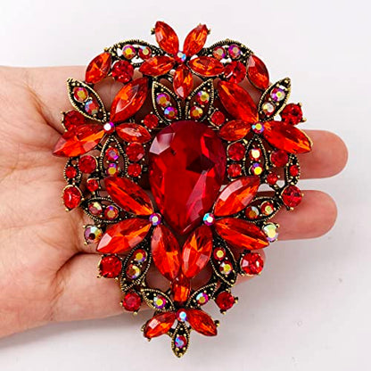 SELOVO Leaf Bouquet Scarf Big Brooch Pin Broach Crystal Jewelry - color: Red