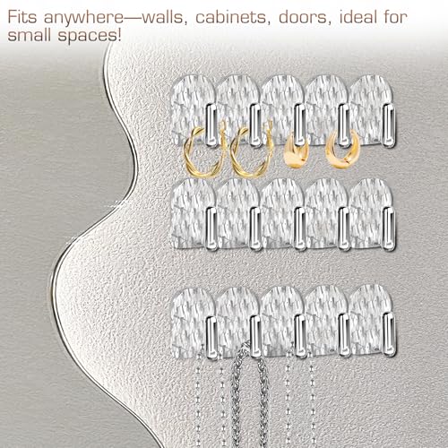 Gesodant 6 Pack Hanging Jewelry Organizer, Self-Adhesive Jewelry Hooks, Clear Wall Mounted Jewelry Hanger, Necklace Display Holder, 30 Hooks in Total