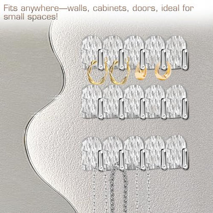 Gesodant 6 Pack Hanging Jewelry Organizer, Self-Adhesive Jewelry Hooks, Clear Wall Mounted Jewelry Hanger, Necklace Display Holder, 30 Hooks in Total