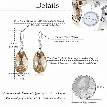 Austrian Crystal Teardrop Dangle Hook Earrings for Women 14K Gold Plated Hypoallergenic Jewelry - color: Light Topaz