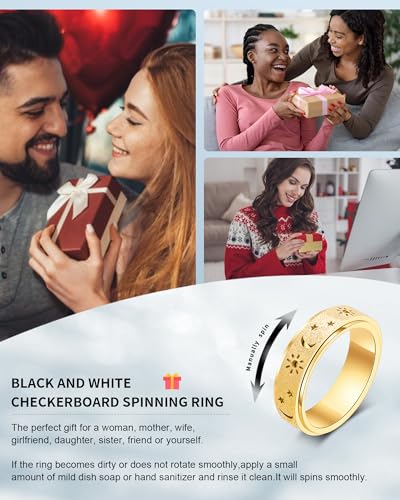 Fidget Toys Adults Anxiety Ring Women Men Stress Relief Band Spinner Sun | Celestial Sun Moon Star Stainless Steel Band Hollowed Sandblasted Surface 6mm Width18K Gold Silver Size 6-10 Unisex - color: Gold, size: Size 10