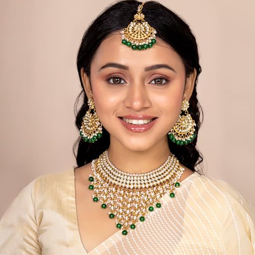 Aheli Elegant Indian Wedding Wear Faux Kundan Studded Choker Necklace with Maang Tikka Set Ethnic Fashion Jewelry for Women Maroon Kundan & Pearl Drop - color: Green