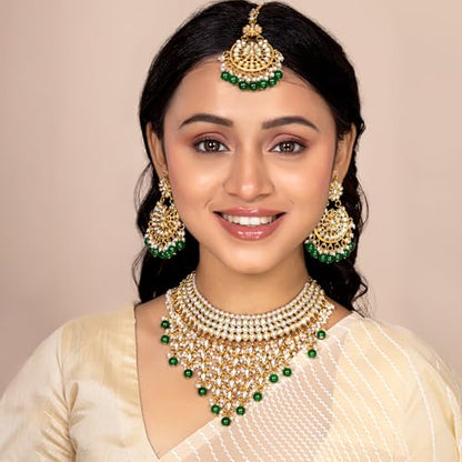 Aheli Elegant Indian Wedding Wear Faux Kundan Studded Choker Necklace with Maang Tikka Set Ethnic Fashion Jewelry for Women Maroon Kundan & Pearl Drop - color: Green