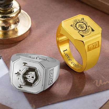 callie Custom Signet Ring - Engraved Text & Photo, Personalized Family Crest Coat Of Arms Rings, 925 Sterling Silver/Brass | Father's Day Jewelry Gifts for Men & Women - color: Square
