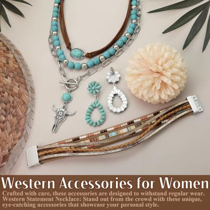 RechicGu Western Jewelry For Women Bohemian Turquoise Dangle Earrings Necklace Bracelet Set, Bullhead Pendant Layered Choker Boho Faux Leather Wristband Country Concert Cowgirl Accessories - color: Jewelry Set A