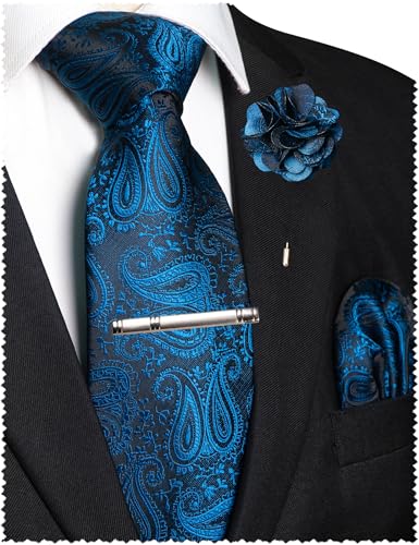 JEMYGINS Mens Paisley Tie and Lapel Pin Necktie Pocket Square and Tie Clip with Sets for Business Casual 4PCS - color: Teal Blue