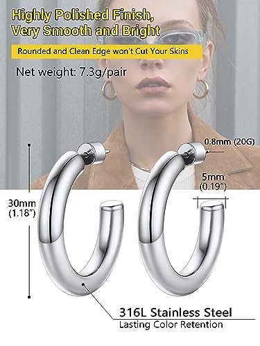 PROSTEEL Chunky Hoop Earrings for Women 14K Gold Plated/Black/Silver | 20/30/40/50/60/70/80mm Stainless Steel Thick Big Round Hoop with Waterproof and Non Tarnish Trendy Jewelry with Gift Box - color: 2. Silver, size: 30MM