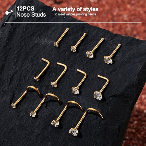 20G/18G Nose Studs Stainless Steel Nose Piercing Nose Ring Set I L S Shape Body Piercing Nose Hoop Ring for Women Men - color: D-12PC-Gold