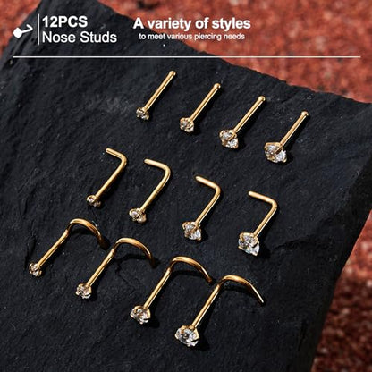 20G/18G Nose Studs Stainless Steel Nose Piercing Nose Ring Set I L S Shape Body Piercing Nose Hoop Ring for Women Men - color: D-12PC-Gold