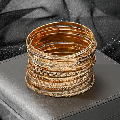 17IF Gold Bangle Bracelet For Women, 14k Multilayer Charm Textured Stackable Bracelets Boho Indian Chunky Cuff Fashion Jewelry Gift - style: 14 Pcs