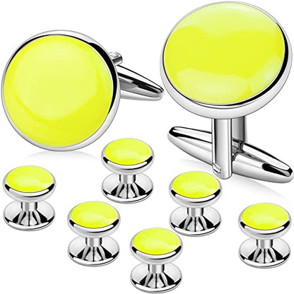AMITER Men’s Cufflinks and Tuxedo Studs Set, Suitable for Black Suit White Shirts on Wedding, Anniversary, Birthday - color: Lemon Yellow+silver color