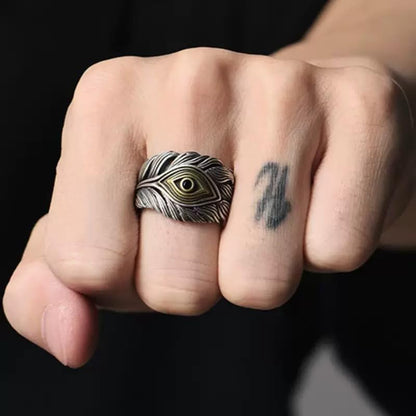 Adjustable Vintage Evil Eye Ring for Women, Two-Tone Silver and Gold Feather Statement Ring with Black Crystal Details, Boho Hippie Gift
