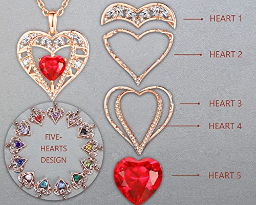 5 Heart I Love You Necklace for Women, Birthstone Crystal Pendant, Birthday Gift for Her, Wife, Mom, Rose Gold or Gunmetal Plated, 925 Sterling Silver Chain 18"+2" - color: 01-January & July-Ruby Red-Rose Gold Plated