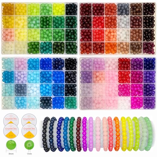 2500PCS 8mm Glass Beads Bracelet Making Kit, 96 Colors Crystal Beads for Jewelry Making, 4 Box Round Beads Suitable for Beginners - color: 4 Box
