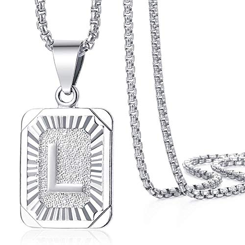 Trendsmax Initial Letter Pendant Necklace Mens Womens Capital Letter White Gold Plated A Z Stainless Steel Box Chain 22inch - style: L