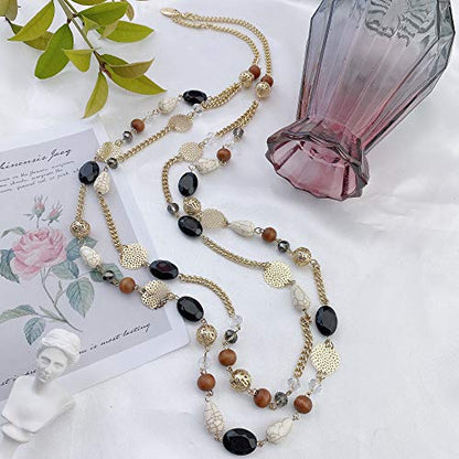 Bocar Long Necklaces for Women Trendy, Boho Layered Crystal Beaded Collar Necklaces for Women, Fashion Statement Necklaces Jewelry - color: Black