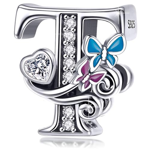 S925 Silver Butterfly Initial Letter Charms Fit for Pandora Charms Bracelets and Necklace Alphabet Bead Charms Jewelry Gifts for Women - color: T