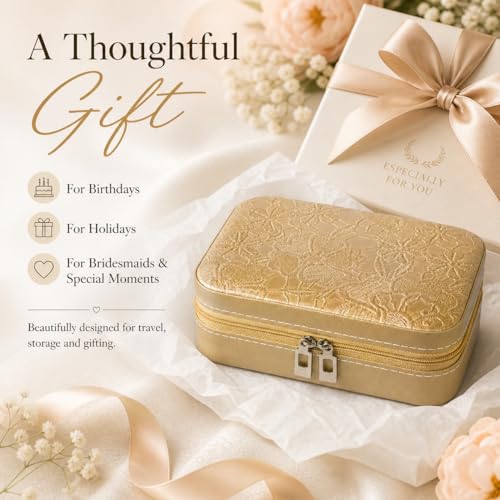 Travel Jewelry Box, Jewelry Box with Embossed PU Leather Small Jewelry Organizer Case with Zipper, Velvet Lined Ring Earring Necklace Case for Travel, 6.3 x 4.7 x 2.4 in - color: Golden