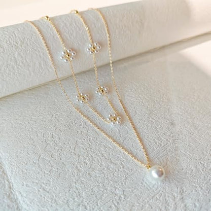 OGD Gold Pearl Necklace Set for Women 14K Plated Layered Daisy Choker Gift - color: Gold Daisy Pearl-2PCS