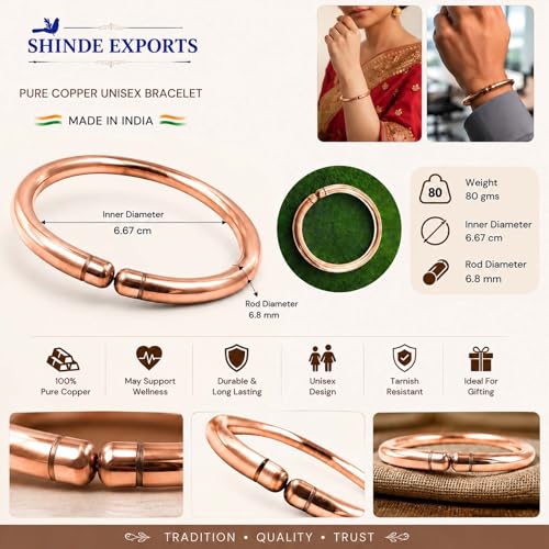 SHINDE EXPORTS pure copper bracelets cuf kada bangle for men and women - style: heavy 7mm round 80gms