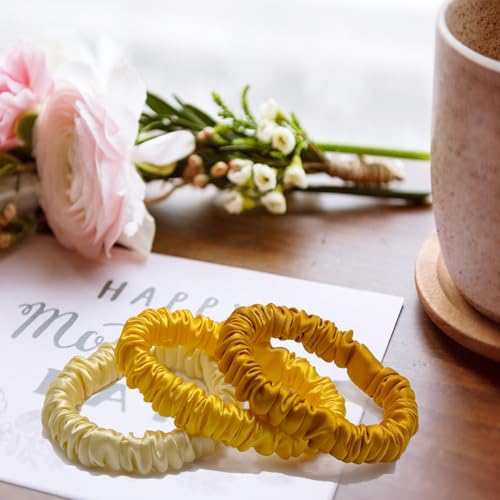 VLOMOT 3 Pcs Set 100% Pure Mulberry Silk Hair Scrunchies (Yellow) | Silk Hair Ties for Thin Hair with 3 Chic Colors Everyday Skinny Scrunchies Silk Ponytail Holders Hair Care No Damage - color: Yellow