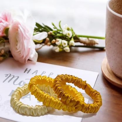 VLOMOT 3 Pcs Set 100% Pure Mulberry Silk Hair Scrunchies (Yellow) | Silk Hair Ties for Thin Hair with 3 Chic Colors Everyday Skinny Scrunchies Silk Ponytail Holders Hair Care No Damage - color: Yellow