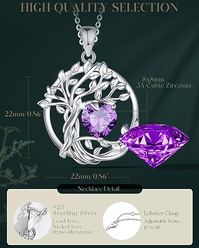 FANCIME Tree of life Birthstone necklace Sterling Silver Pendant Birthstone Necklace Gemstone Anniversary Birthday Jewelry Mothers Day Gifts for Mom Her Wife - color: Feb.-Amethyst