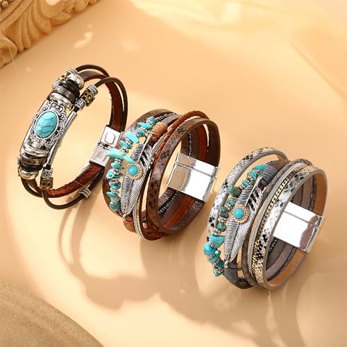 Sanfenly Leather Wrap Bracelets for Women,Boho Wrap Bracelets Leather Cuff Bangle Beads Bracelets Stackable Western Bracelets Jewelry for Women (Gold/Black/Gray/Turquoise) - color: Turquoise Leather