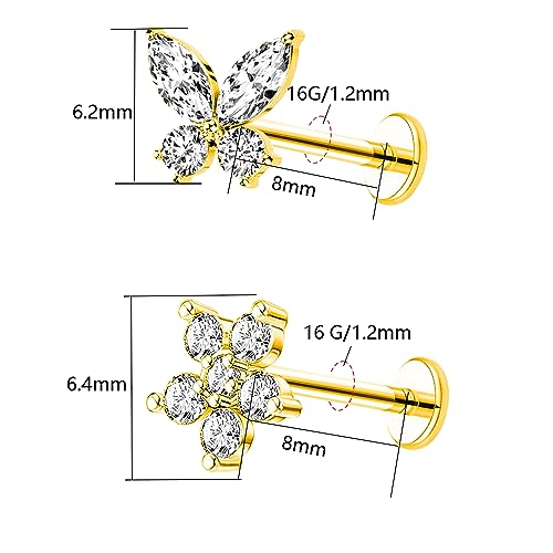 VERAMI 16G Surgical Steel Pushin Lip Rings Butterfly Flower Bee Nose Stud Rings Top Push in Threadless Flat Back Nose Rings Studs Cartilage Earrings for Womens - color: STYLE-4