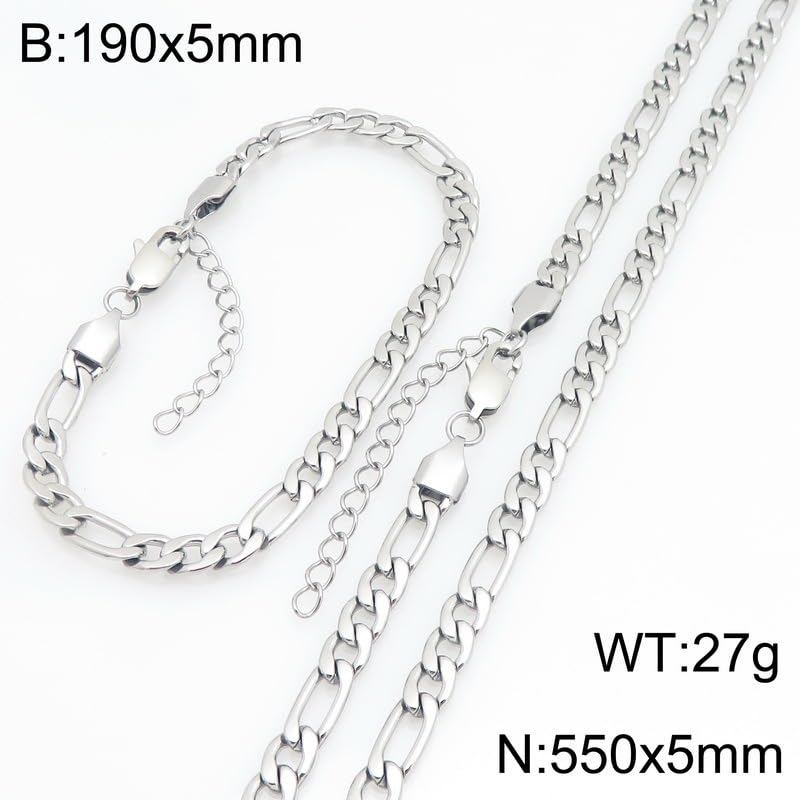 Kemstone Stainless Steel Figaro Cuban Bracelet Necklace Set for Men Women Jewelry - color: Silver 04