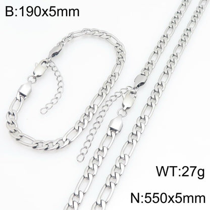 Kemstone Stainless Steel Figaro Cuban Bracelet Necklace Set for Men Women Jewelry - color: Silver 04