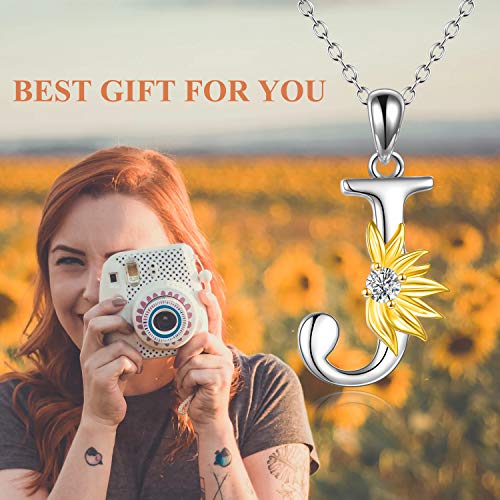 POPLYKE Initial Sunflower Necklace for Women 925 Sterling Sliver Sunflower Pendant Necklace Letter Initial Pendant Chain - style: Sunflower J